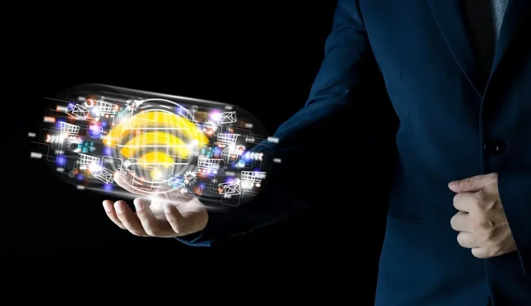 man in suit holding wifi and internet symbols