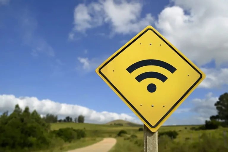 Yellow road sign with wireless internet symbol